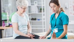 female physical therapist and patient discussing the vasculature of the leg